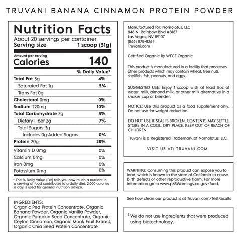 Truvani Certified Organic Plant Based Protein - Banana Cinnamon